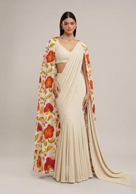 Off White Printed Organza Pre Draped Saree Set