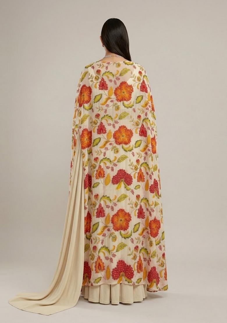 Off White Printed Organza Pre Draped Saree Set - Indya
