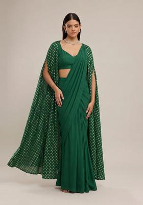 Emerald Green Printed Cosmos Pre Draped Saree Set
