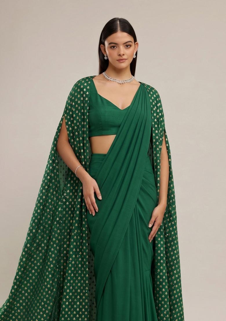 Emerald Green Printed Cosmos Pre Draped Saree Set - Indya