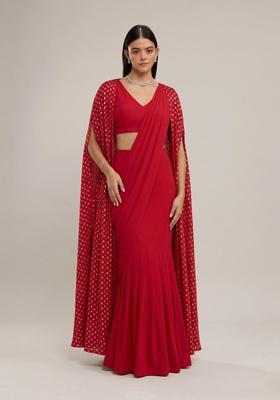 Crimson Red Printed Cosmos Pre Draped Saree Set