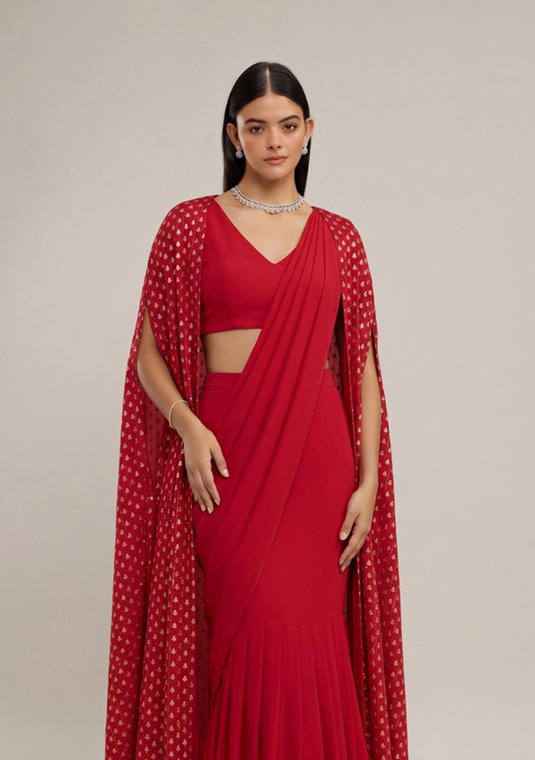 Crimson Red Printed Cosmos Pre Draped Saree Set - Indya