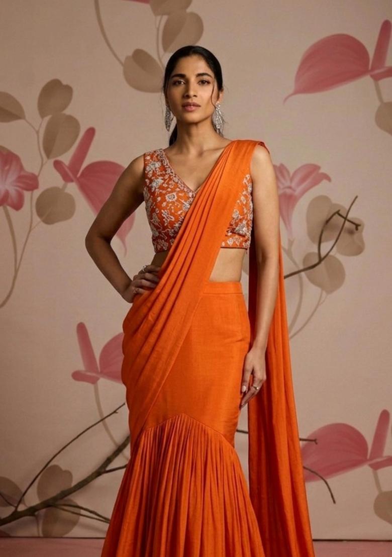 Bright Orange Embroidered Tissue Pre Draped Saree Set - Indya