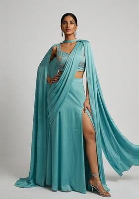 Seafoam Green Embroidered Tissue Pre Draped Saree Set