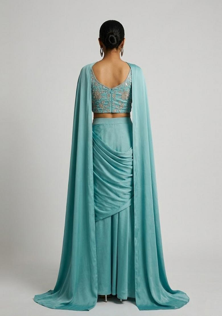Seafoam Green Embroidered Tissue Pre Draped Saree Set - Indya