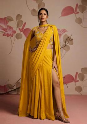 Mustard Embroidered Tissue Pre Draped Saree Set
