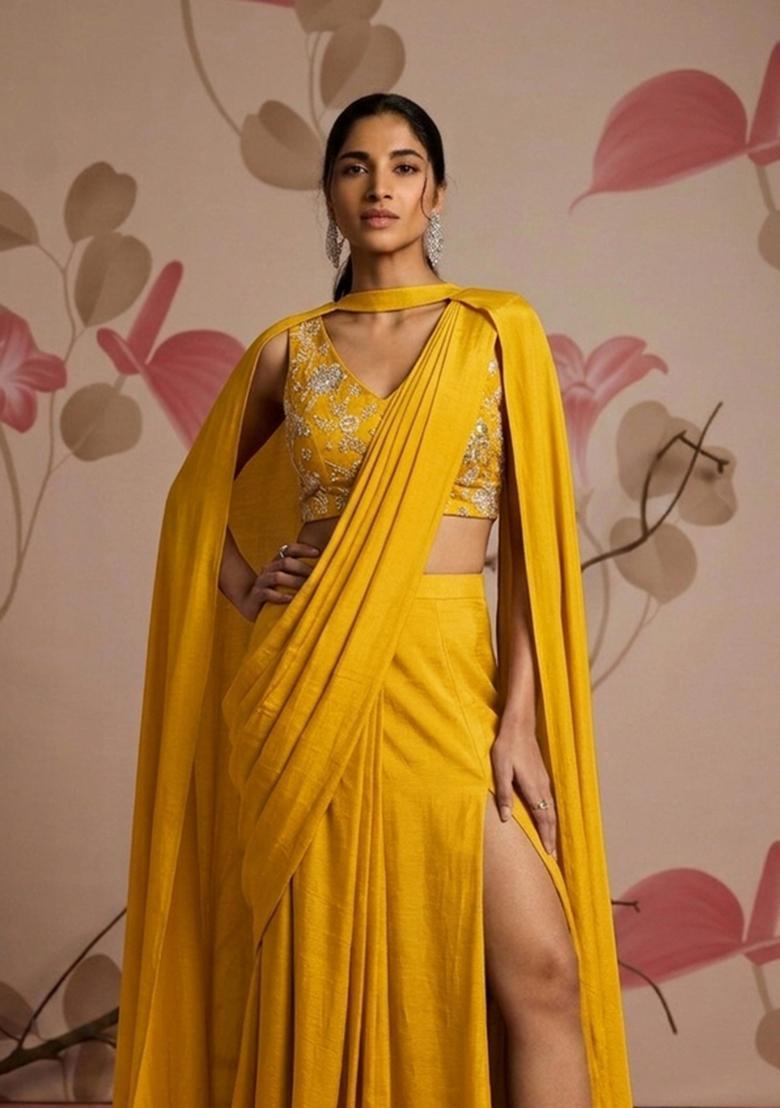 Mustard Embroidered Tissue Pre Draped Saree Set - Indya