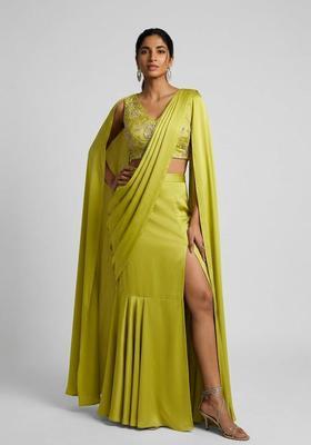 Lime Green Embroidered Tissue Pre Draped Saree Set
