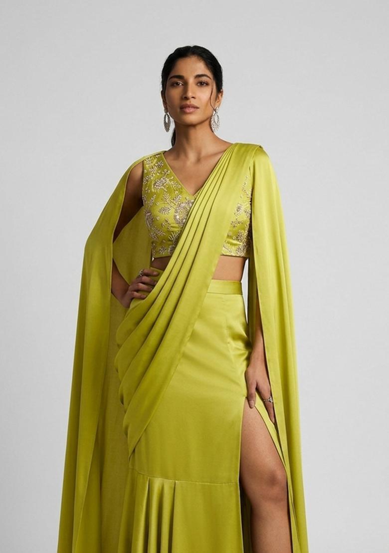 Lime Green Embroidered Tissue Pre Draped Saree Set - Indya