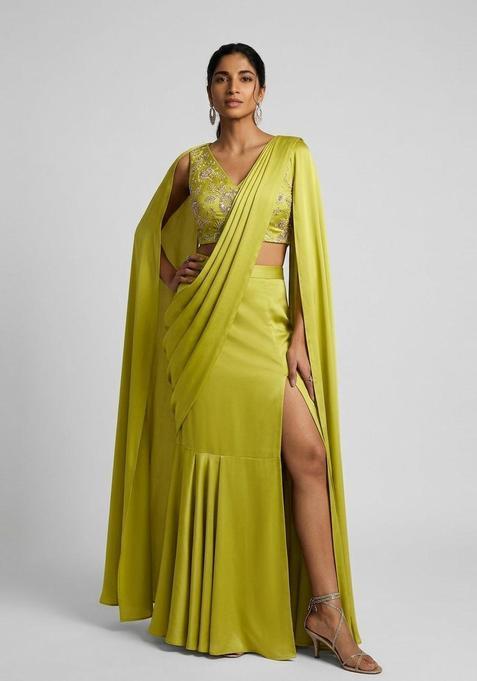 Lime Green Embroidered Tissue Pre Draped Saree Set