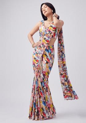 Multicolor Printed Georgette Pre Draped Saree Set
