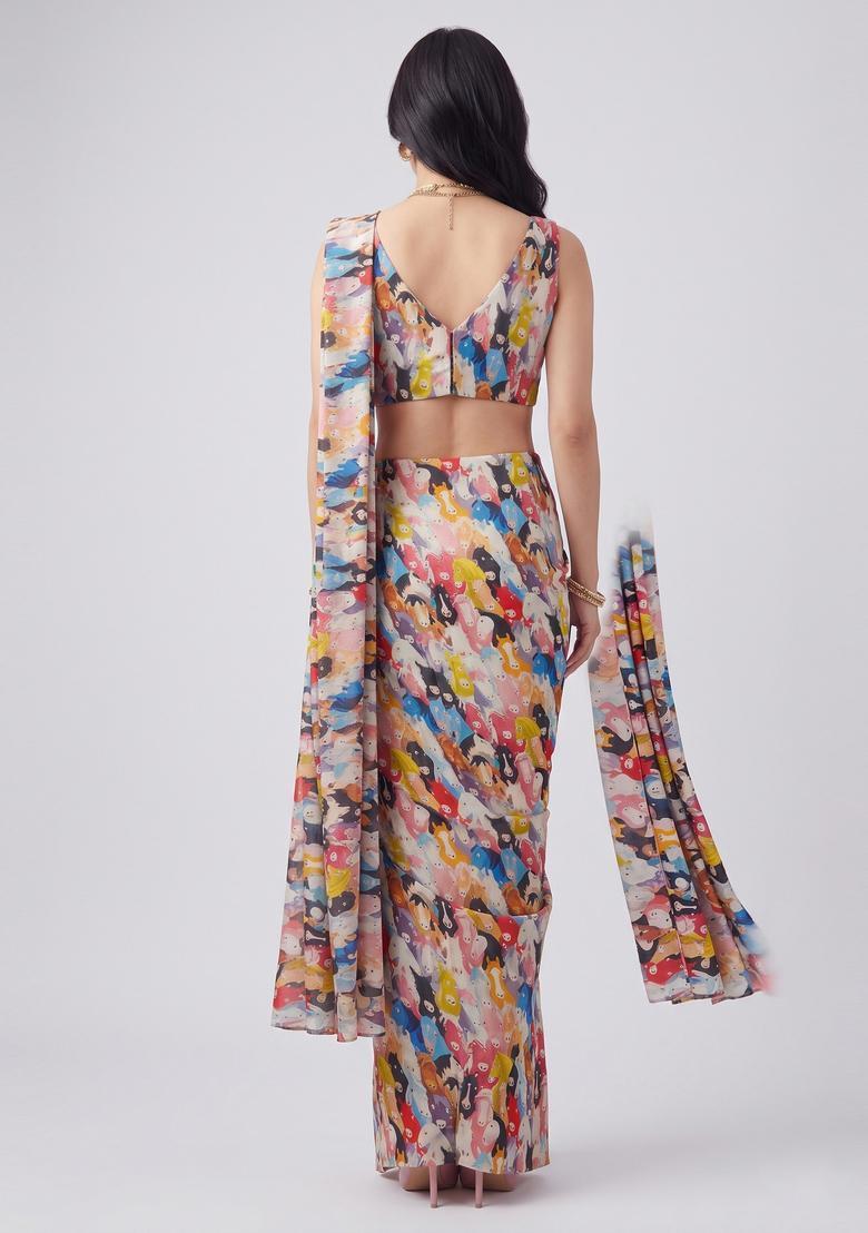 Multicolor Printed Georgette Pre Draped Saree Set - Indya