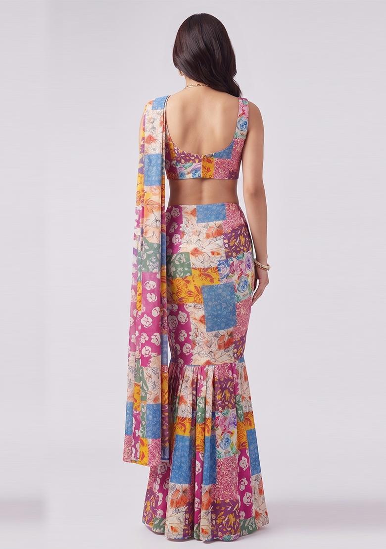 Multicolor Printed Georgette Pre Draped Saree Set - Indya
