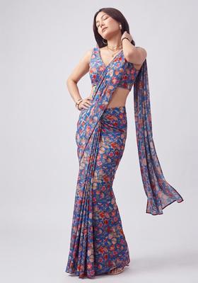 Royal Blue Printed Georgette Pre Draped Saree Set
