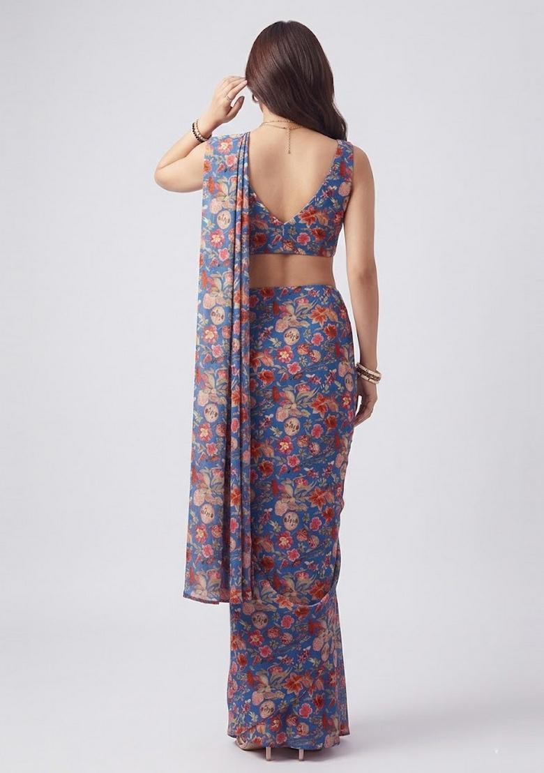 Royal Blue Printed Georgette Pre Draped Saree Set - Indya