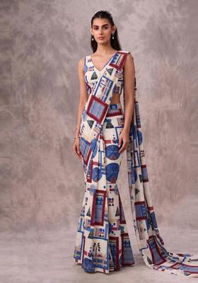 Off White Printed Georgette Pre Draped Saree Set