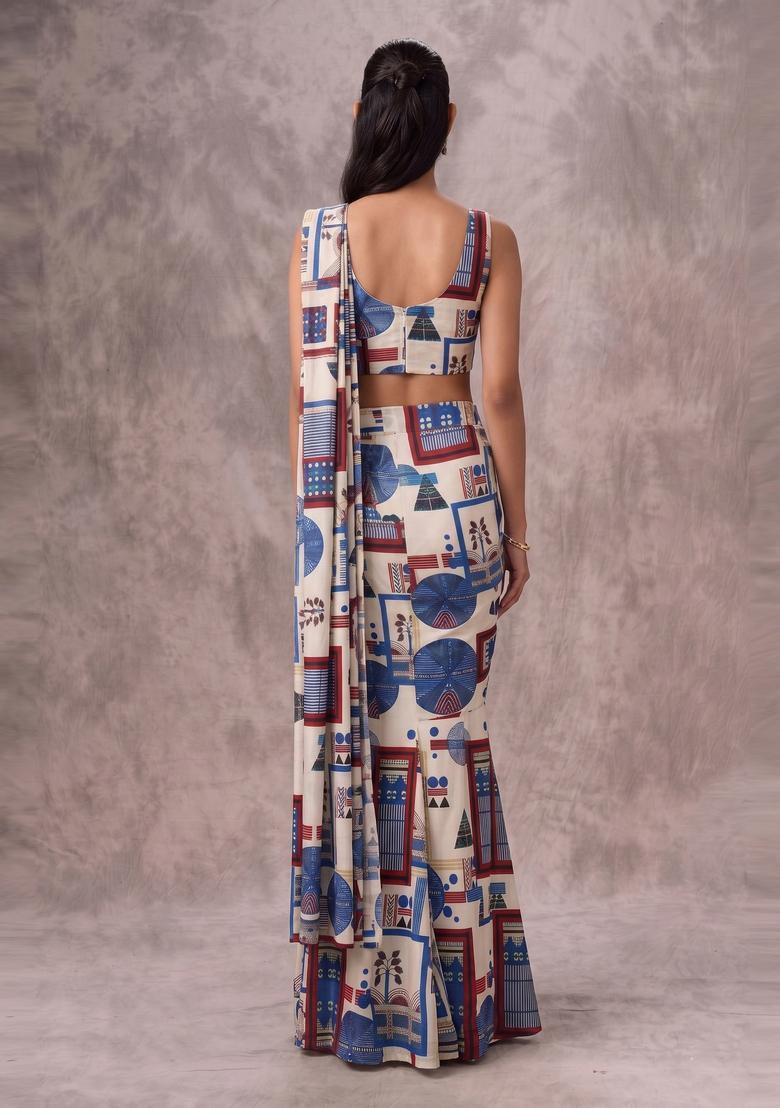 Off White Printed Georgette Pre Draped Saree Set - Indya