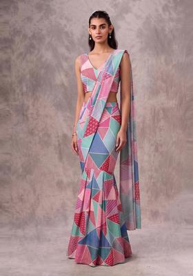 Multicolor Printed Georgette Pre Draped Saree Set