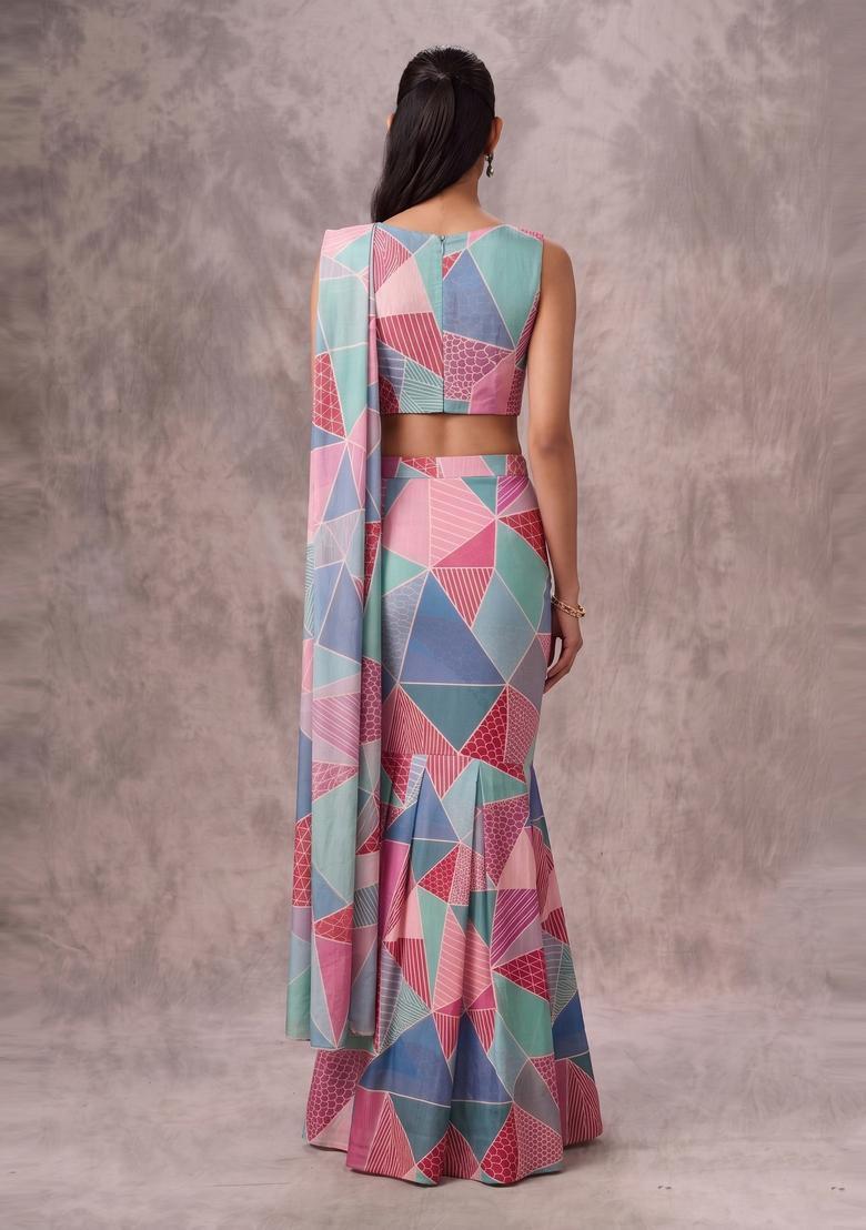 Multicolor Printed Georgette Pre Draped Saree Set - Indya