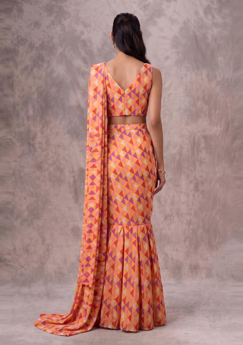Peach Printed Georgette Pre Draped Saree Set - Indya