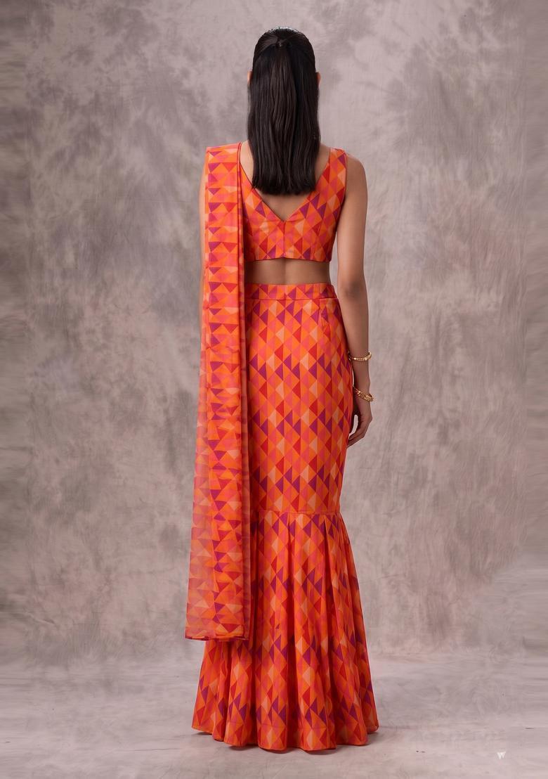 Bright Orange Printed Georgette Pre Draped Saree Set - Indya