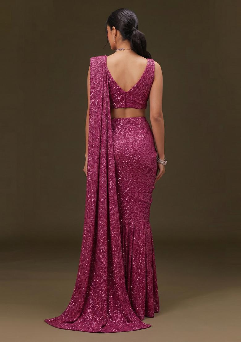 Magenta Sequin Georgette Pre Draped Saree Set - Indya