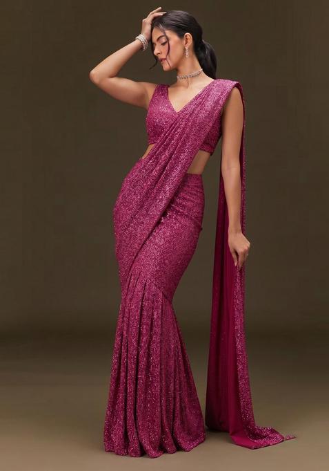 Magenta Sequin Georgette Pre Draped Saree Set