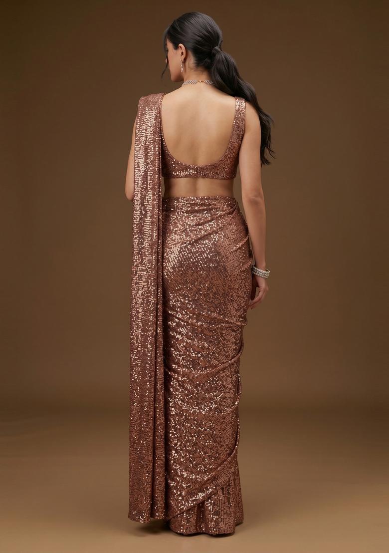 Copper Sequin Georgette Pre Draped Saree Set - Indya