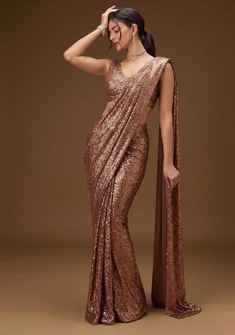 Copper Sequin Georgette Pre Draped Saree Set