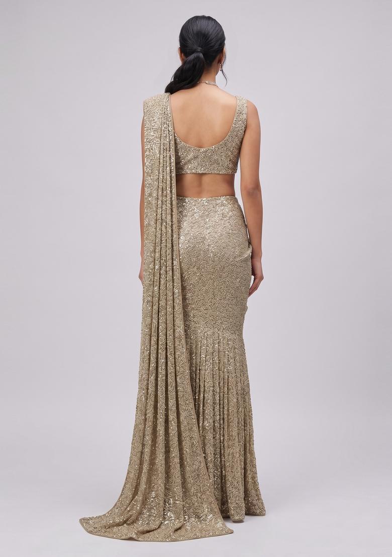 Silver Sequin Georgette Pre Draped Saree Set - Indya