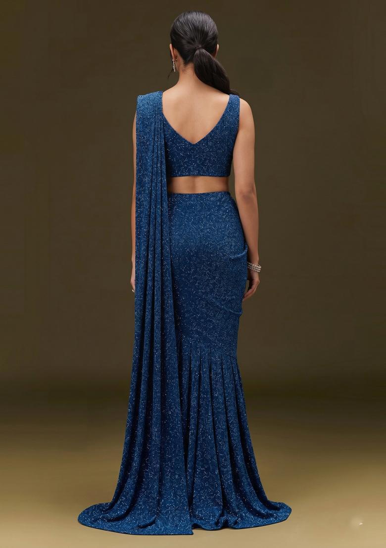 Navy Blue Sequin Georgette Pre Draped Saree Set - Indya