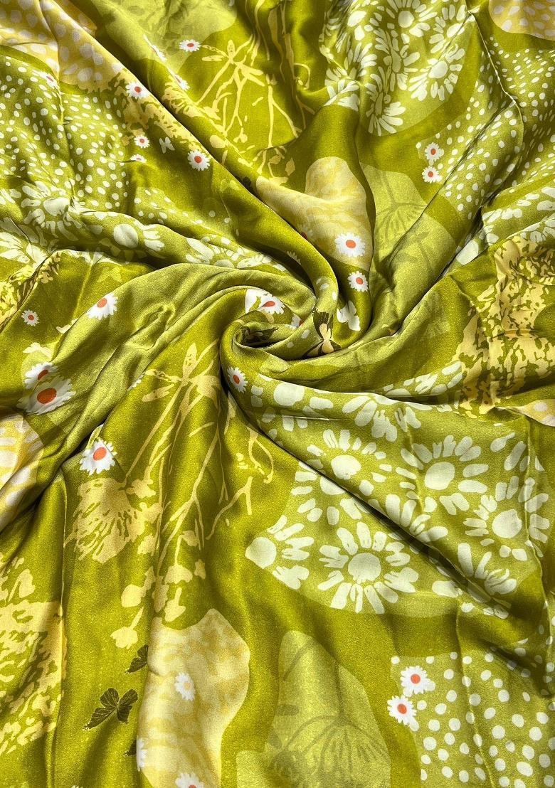 Olive Green Printed Satin Pre Draped Saree Set - Indya