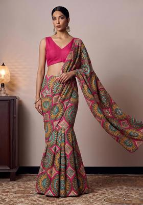Magenta Embroidered Crepe Pre Draped Saree Set