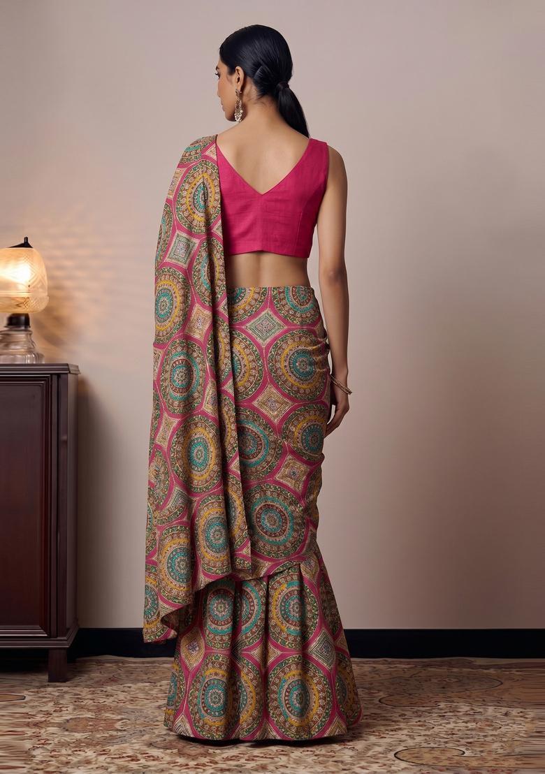 Magenta Embroidered Crepe Pre Draped Saree Set - Indya