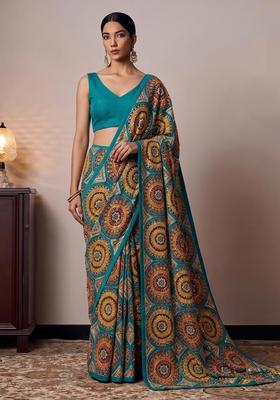Deep Teal Embroidered Crepe Pre Draped Saree Set
