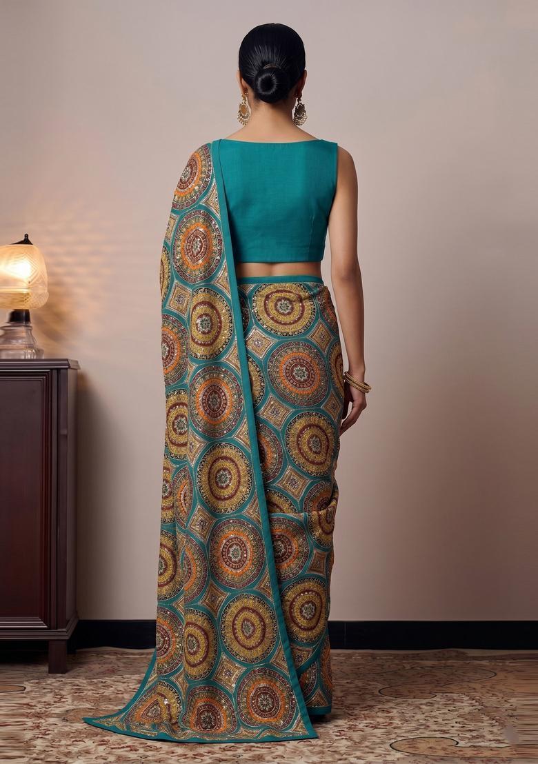 Deep Teal Embroidered Crepe Pre Draped Saree Set - Indya