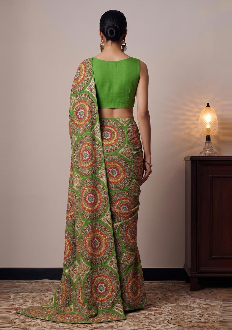 Leaf Green Embroidered Crepe Pre Draped Saree Set - Indya