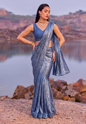 Dusty Blue Textured Crepe Pre Draped Saree Set