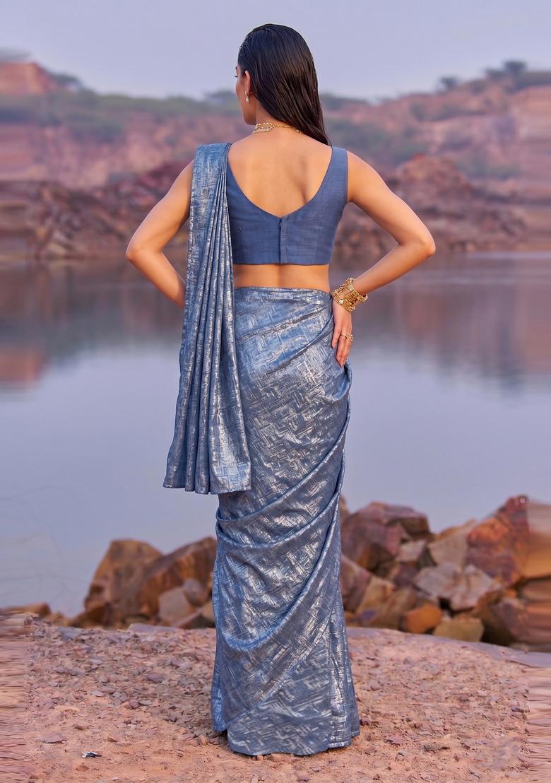Dusty Blue Textured Crepe Pre Draped Saree Set - Indya
