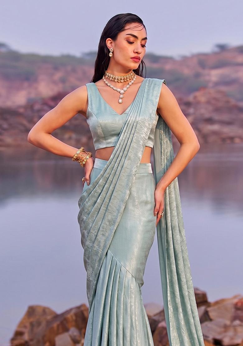 Grey Textured Crepe Pre Draped Saree Set - Indya