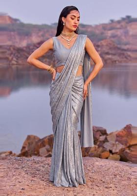 Dusty Blue Textured Crepe Pre Draped Saree Set