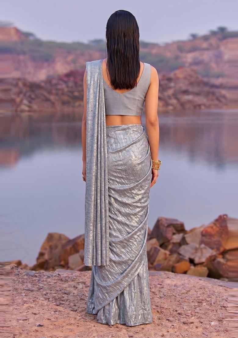 Dusty Blue Textured Crepe Pre Draped Saree Set - Indya