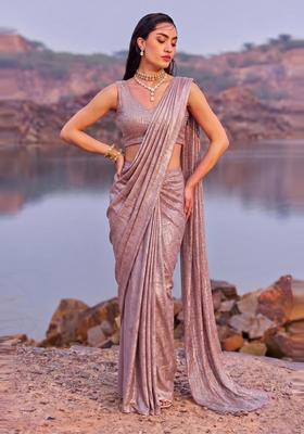 Dusty Mauve Textured Crepe Pre Draped Saree Set