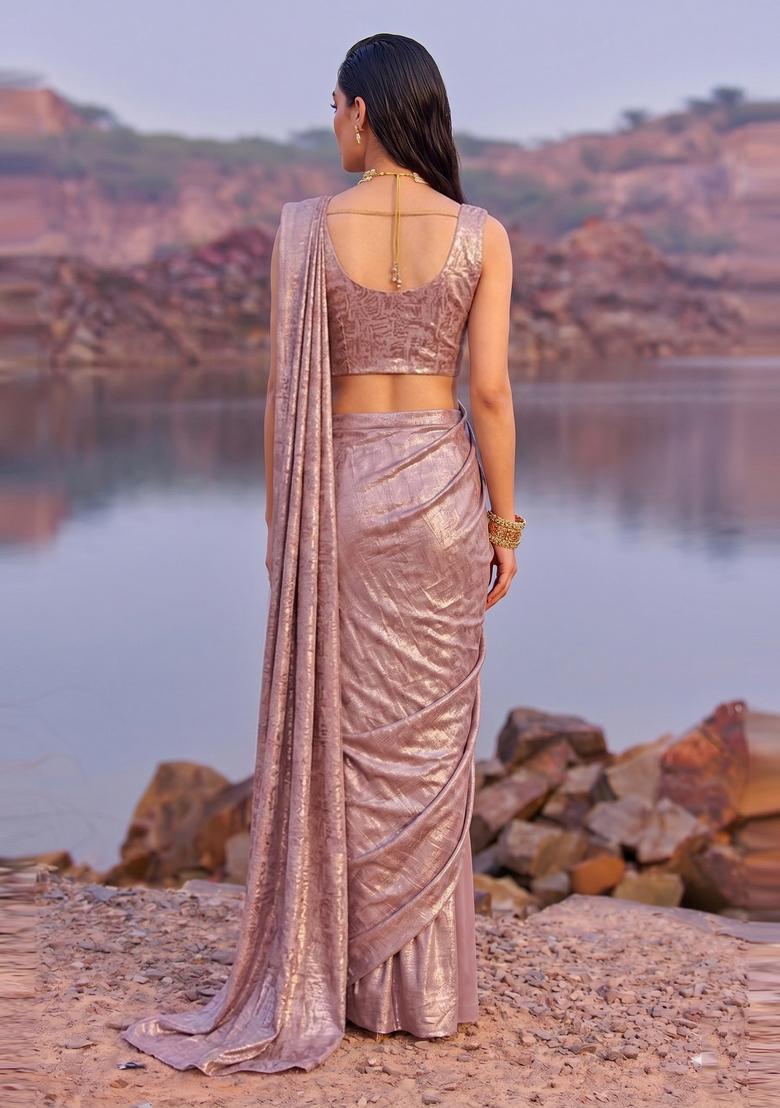 Dusty Mauve Textured Crepe Pre Draped Saree Set - Indya