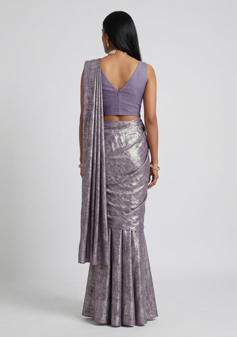 Lavender Foil Print Crepe Pre Draped Saree Set - Indya