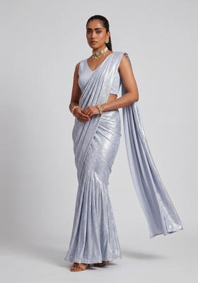 Dusty Blue Foil Print Crepe Pre Draped Saree Set