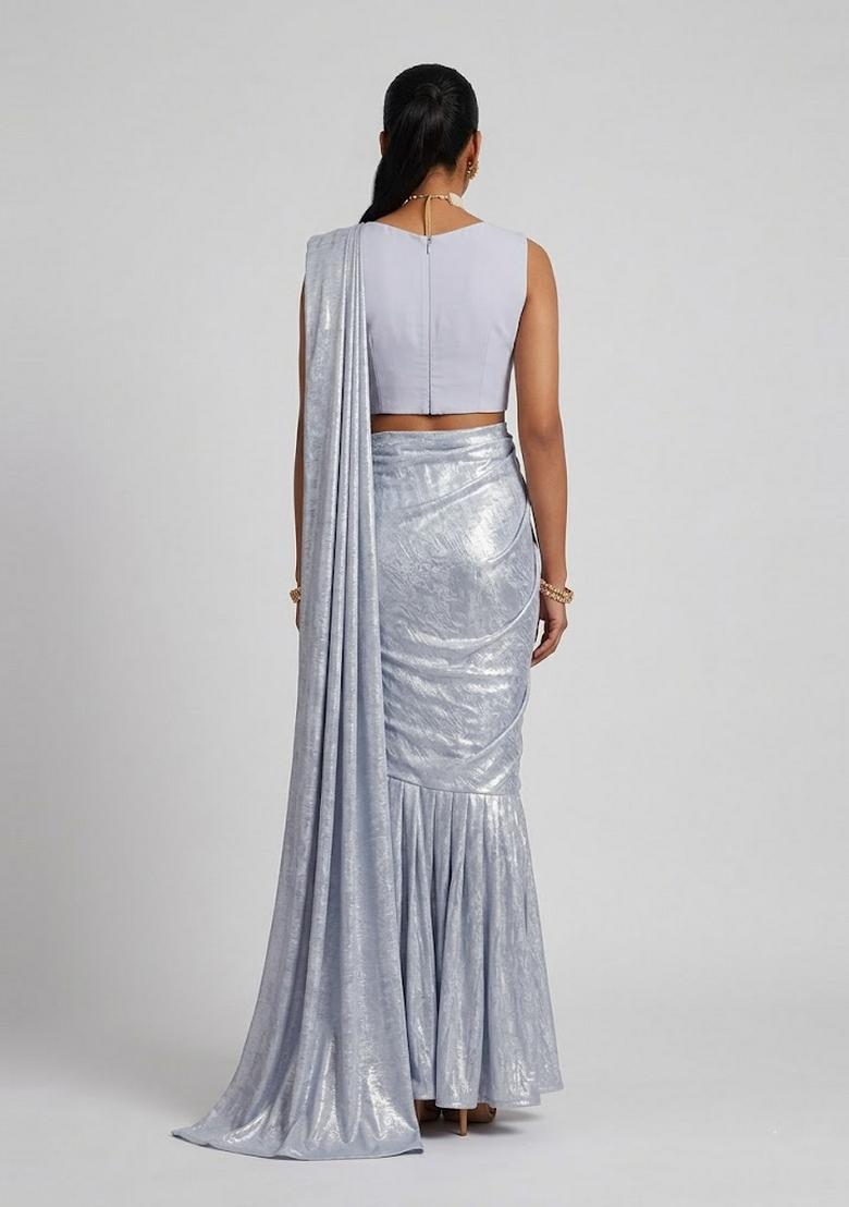 Dusty Blue Foil Print Crepe Pre Draped Saree Set - Indya