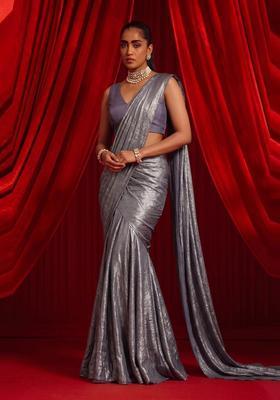 Grey Foil Print Crepe Pre Draped Saree Set