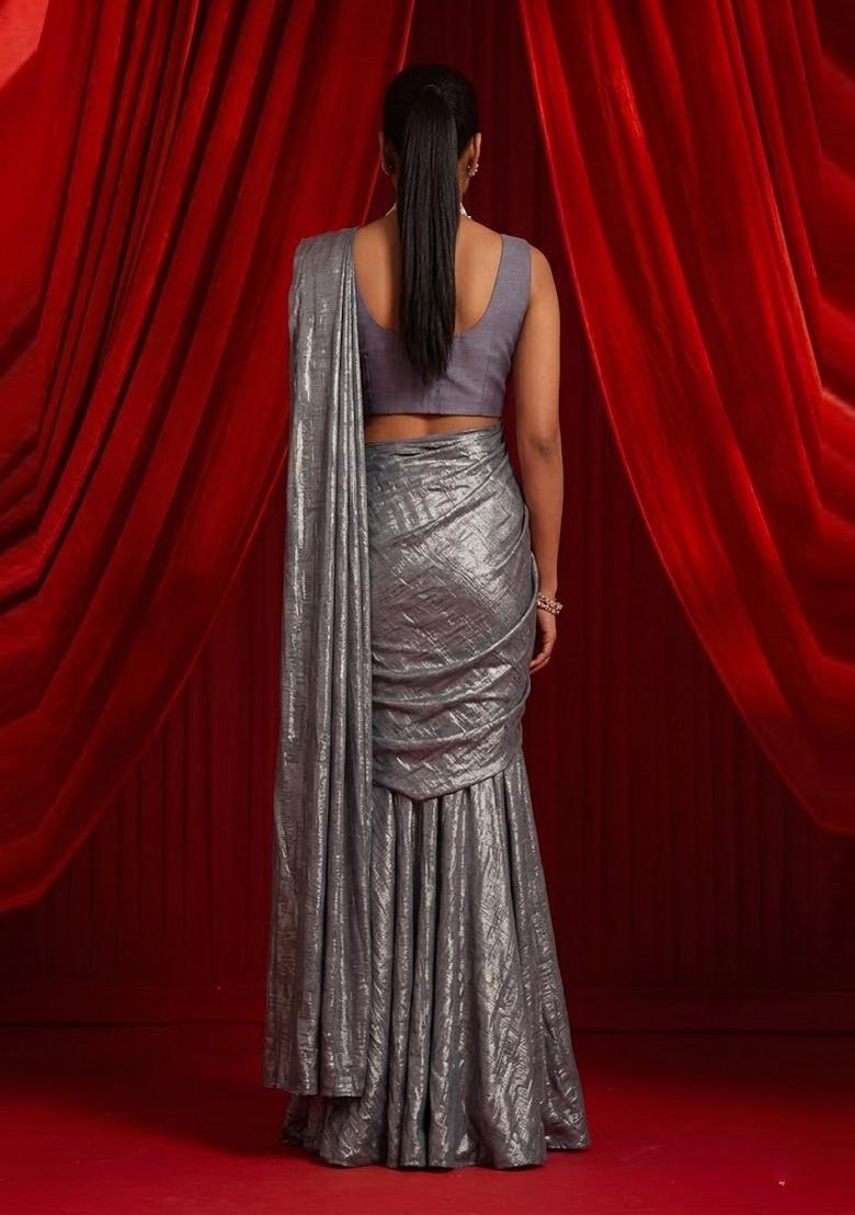 Grey Foil Print Crepe Pre Draped Saree Set - Indya