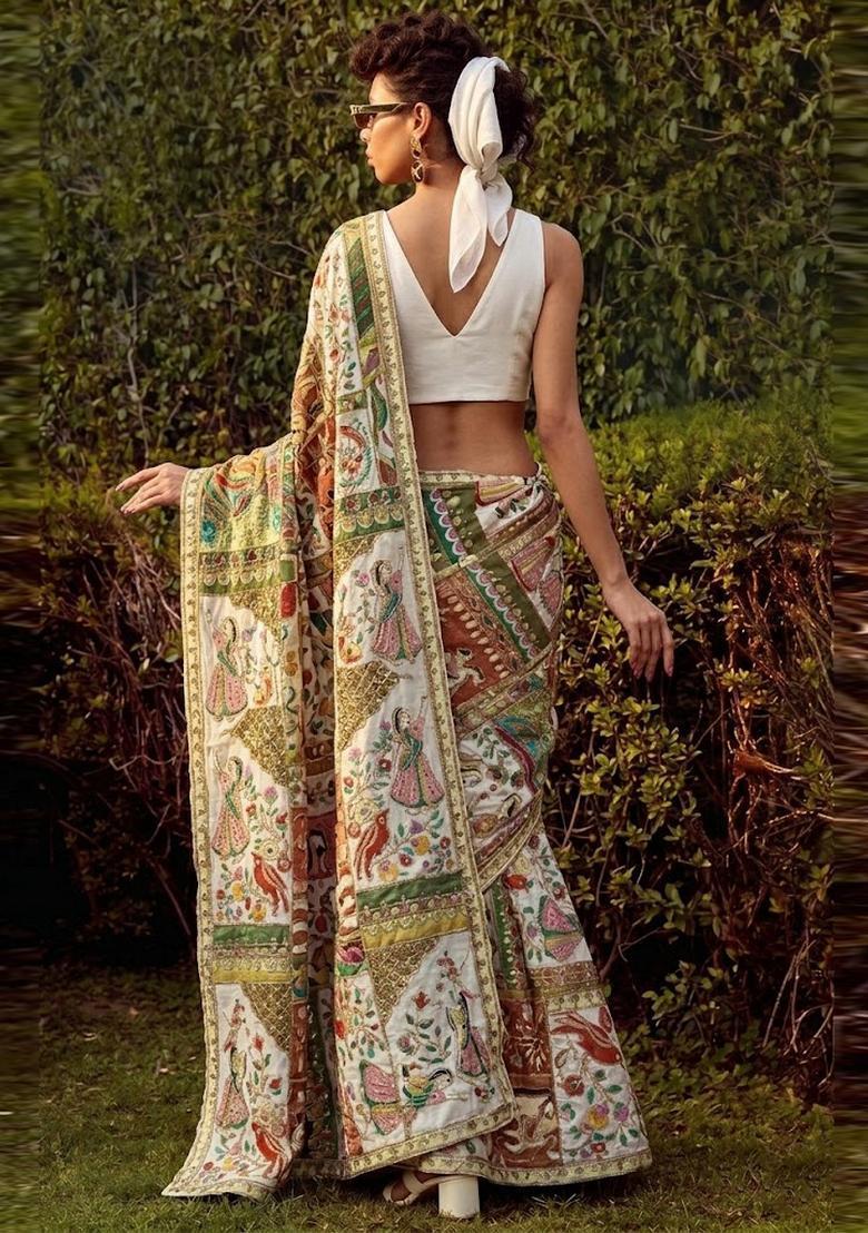 Off White Printed Crepe Pre Draped Saree Set - Indya